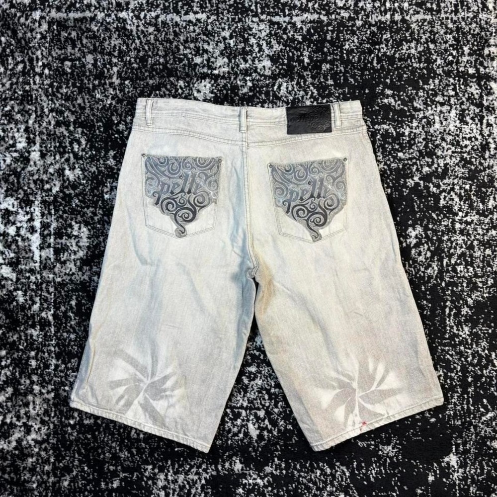 Y2k Baggy Pelle Pelle Light wash Grey Embroidered Denim Jorts size 38